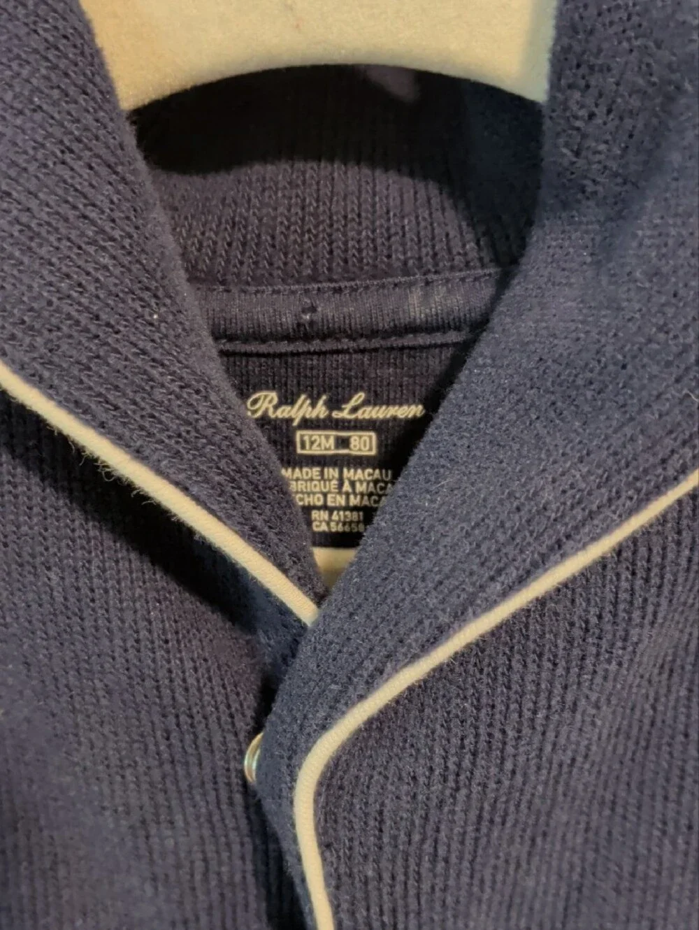 Ralph Lauren Navy Fleece One-Piece Pajama with White Piping